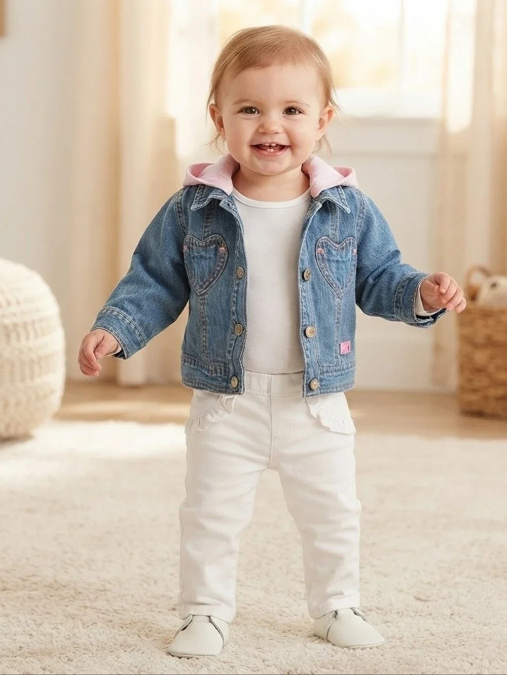 12M Kids Denim Jacket with Pink Hood And White Jeans